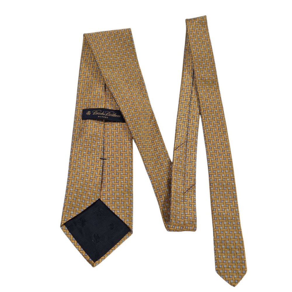 Brooks Brothers Silk Geometric Pattern Tie‎ Gold Blue Men's Necktie 59 Inches